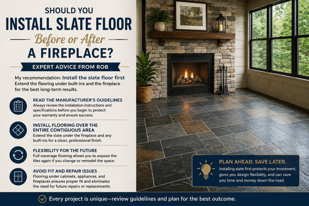 install slate floor before fireplace