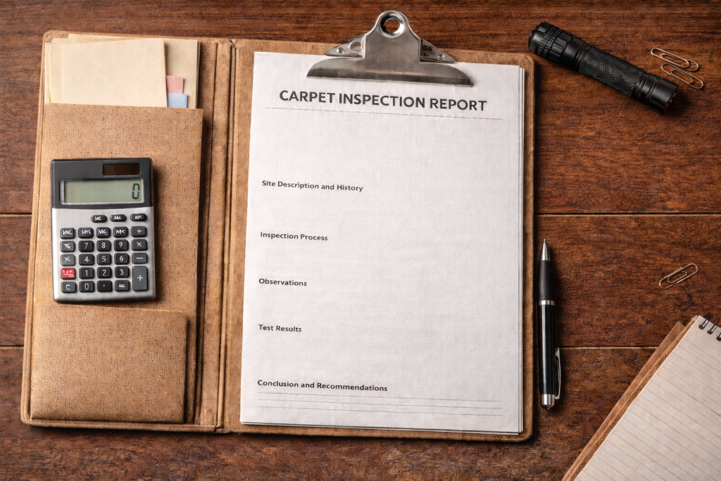 A tan clipboard with a carpet inspection report on it. There is a grey calculator on the side of the clipboard. To the right, there is the corner of a notebook, a pen, and a flashlight.
