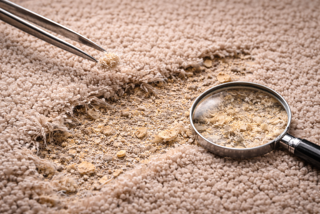 tan carpet that is crumbling, there are tweezers and a magnifying glass.