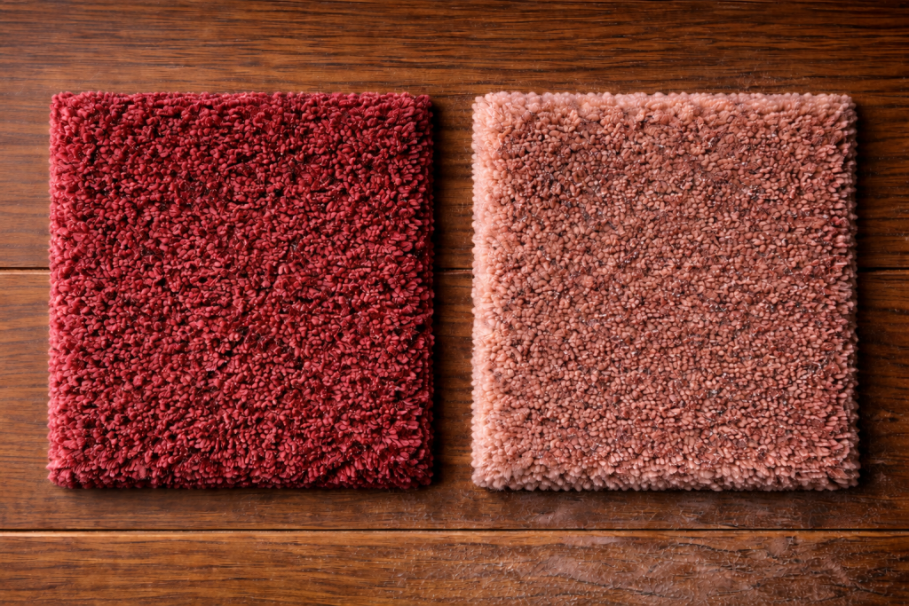 Two carpet swatches, one new and the other faded.